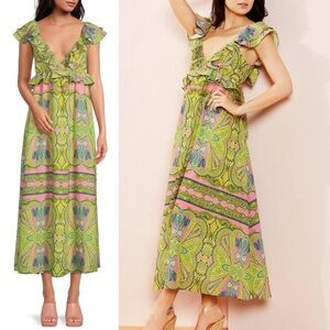 NWT A Loves A Printed Flutter Cap Sleeve Deep V-Neck Tie Back Detail Maxi Dress